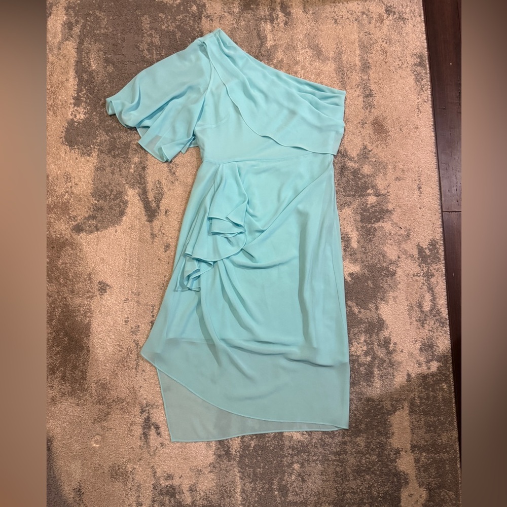 Badgley Mischka One-Shoulder Aqua Dress